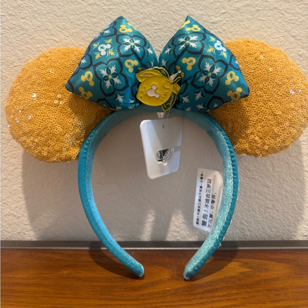 NWT Disney Parks Lemon Floral Bow with Sequin Ears - Teal and Yellow